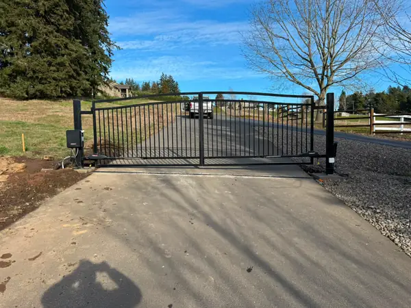 Closed arched dual-swing driveway gate with LiftMaster arm operators on concrete pad